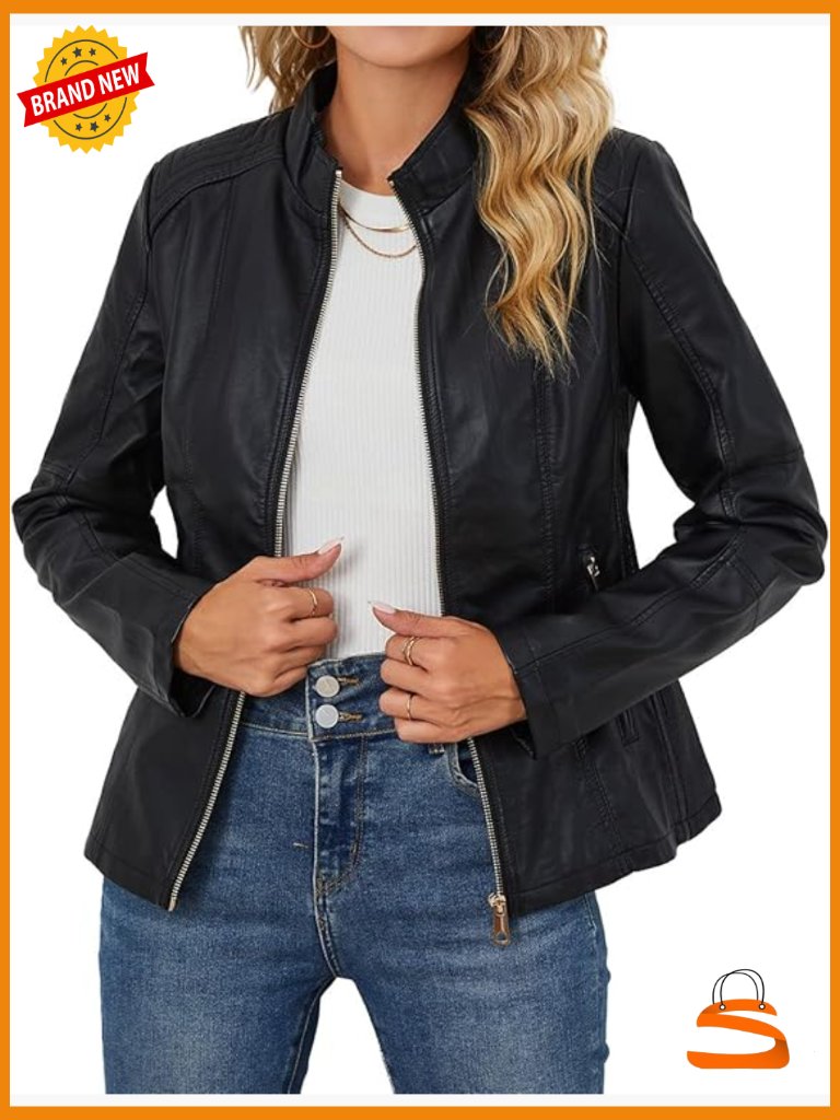 Faux Leather Motorcycle Bomber Jacket Women Zipper Stand Collar Pockets
